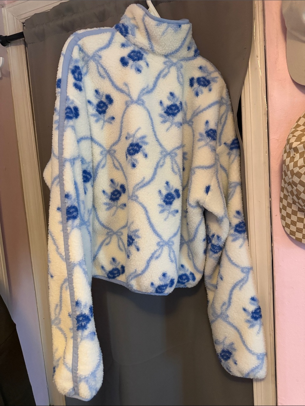 Blue Floral Sherpa Half-Zip Jacket - Women small tall - Picture 2 of 3